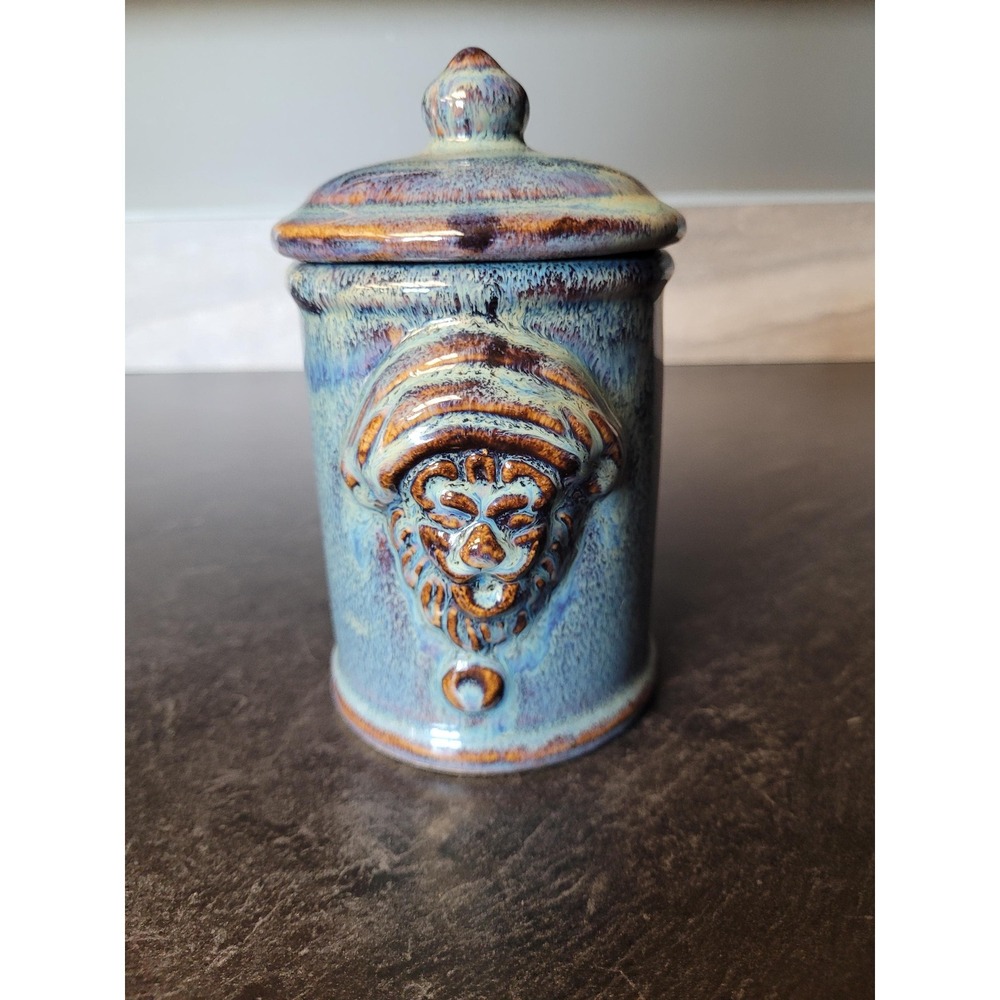 Blue Drip Glaze Lion Face Lidded Jar‎ Medieval Heraldic Decor Stoneware Canister